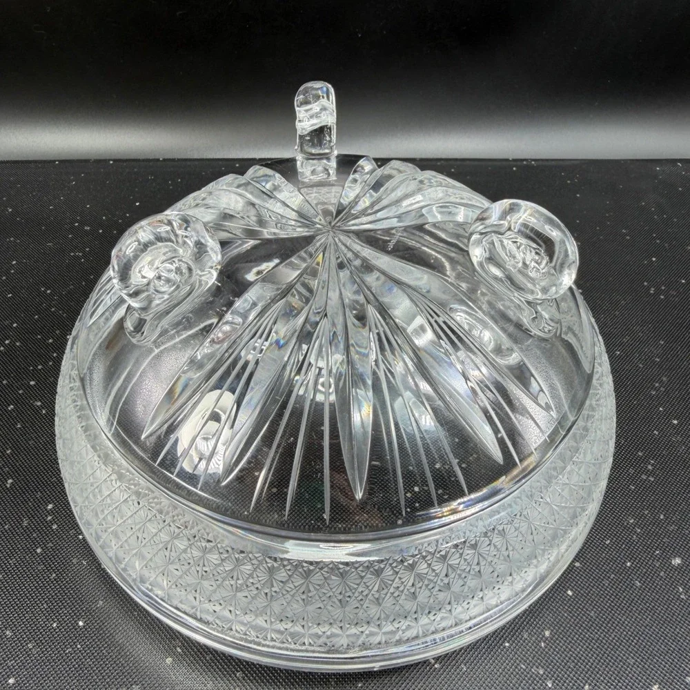 Signed Heavy Clear Crystal‎ Footed Bowl Etched Starburst Pattern Vintage Decor